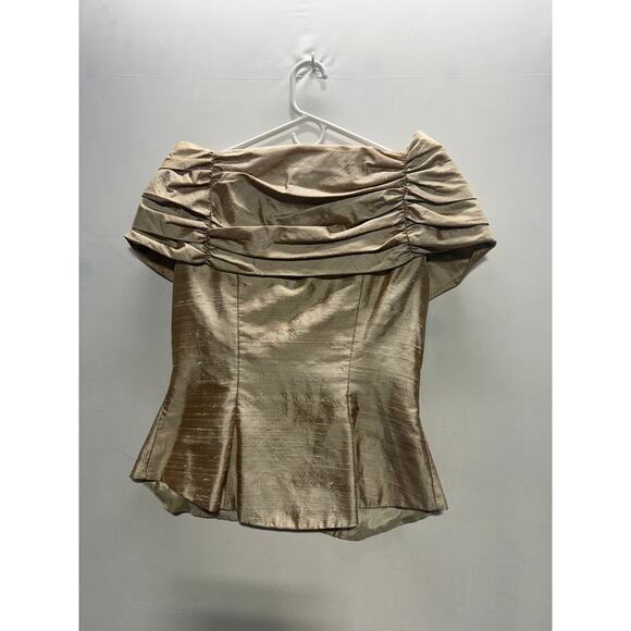 VINTAGE Watters 100% Silk Champagne Off Shoulder Pleated Peplum Blouse Top - Picture 7 of 13